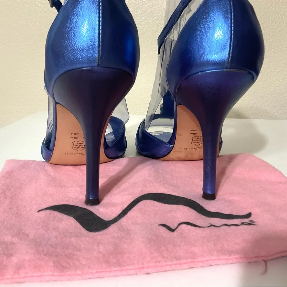 Nina Metallic Embellished Peep Toe Leather Heels Blue 8 1/2